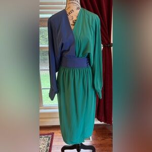 Adele Simpson Vintage Color Block Bat Wing Dress Blue Green Flowy Long Sleeve 8